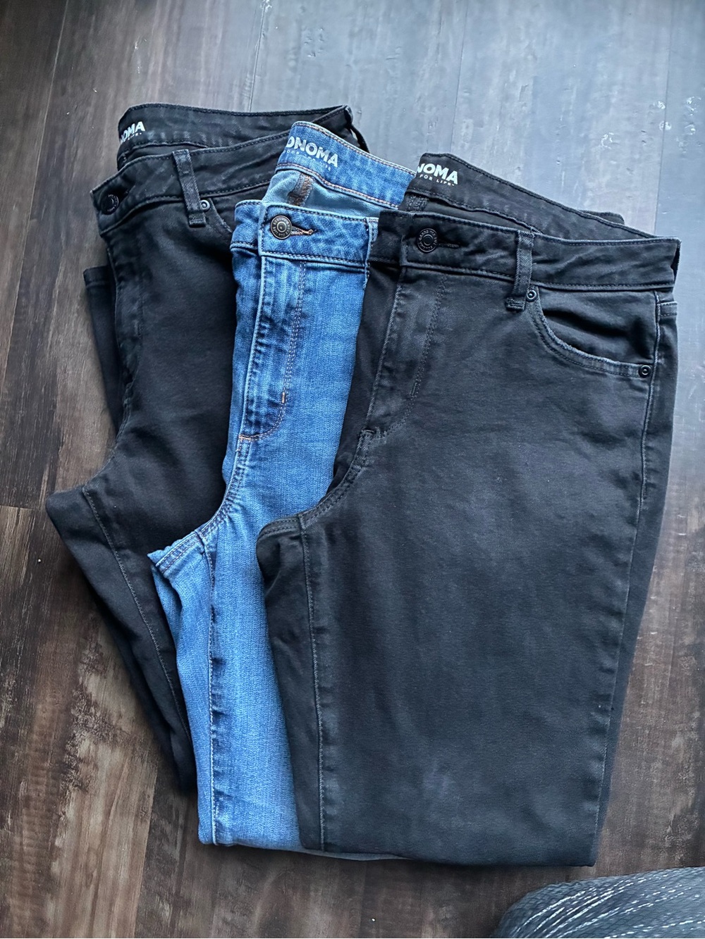 Three Pairs- Sonoma Skinny Jeans Trio — 2 Black & 1 Blue Denim